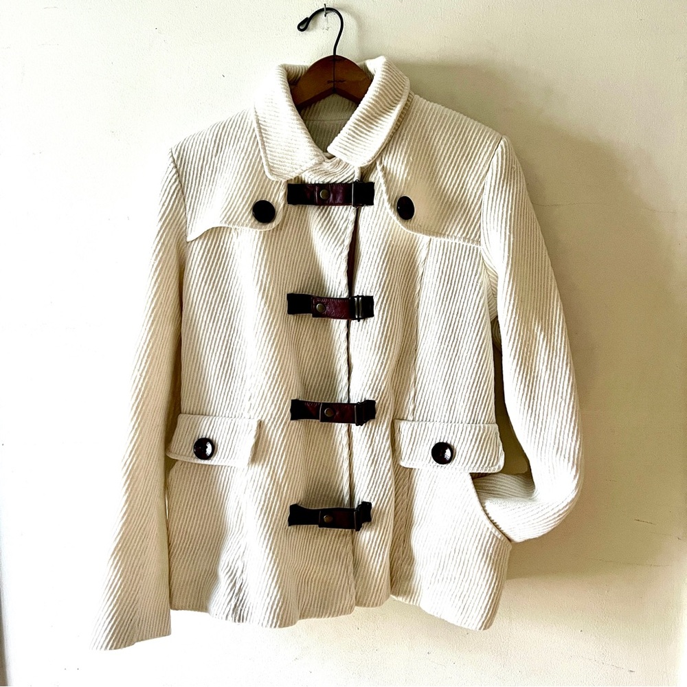 Boston Proper Cream Corduroy & Brown Leather Toggle Jacket